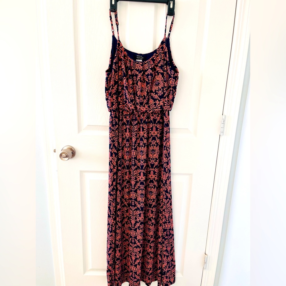 Women’s maxi dress, adjustable spaghetti, Large, fit at the waist, dark blue